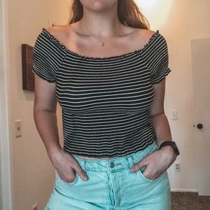 Junior Off the Shoulder Stripe Smocked Crop Top